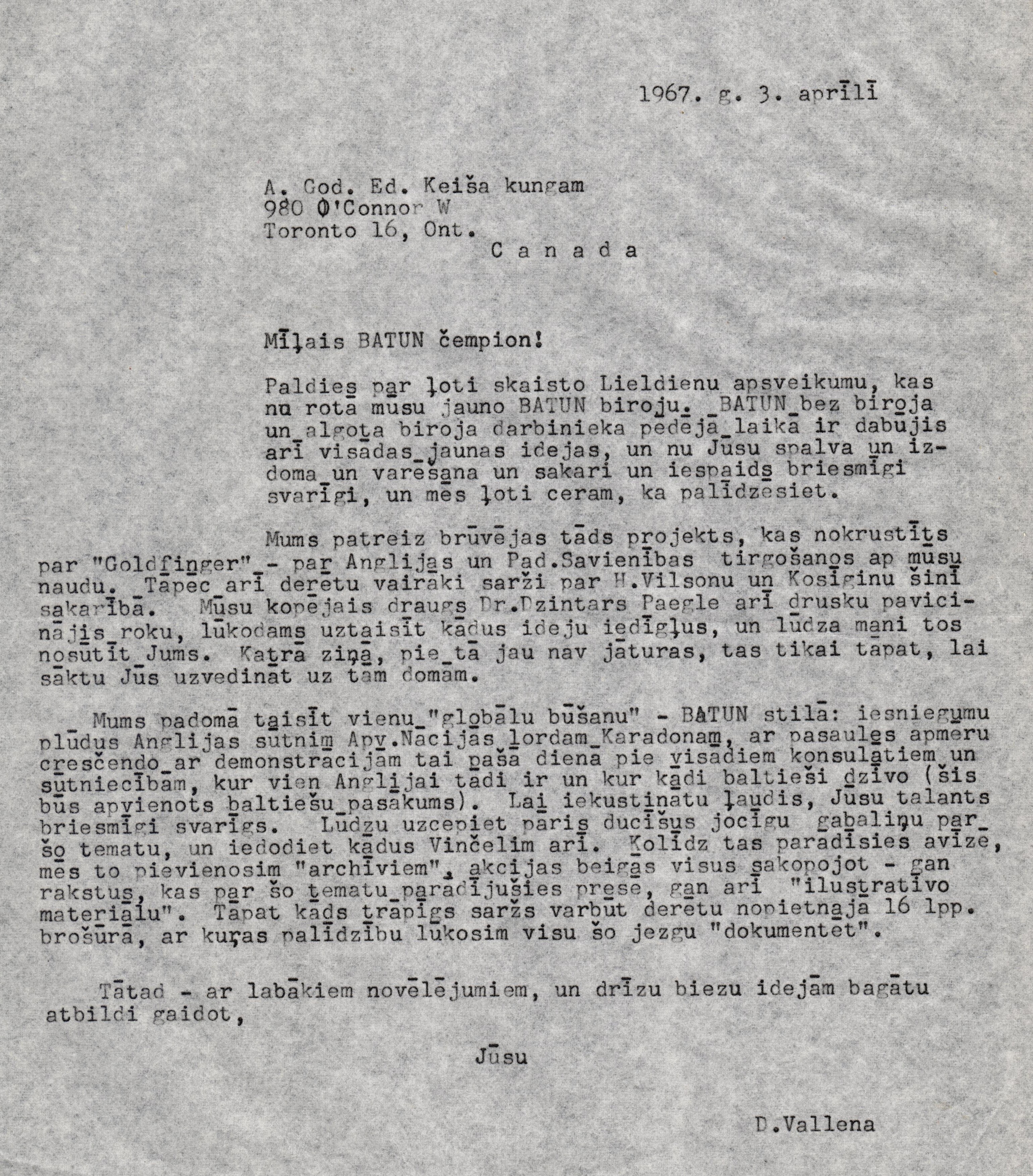 D.Vallenas sarakste ar karikatūristu Ed.Keišu. 1967.gada 3.aprīlī